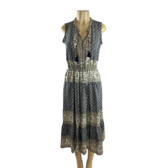 Sea New York Sabine Dress Size 4 Silk Blue Printed Midi Tassel Sleeveless Boho - Picture 2 of 12